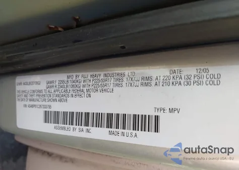 2006 Subaru Outback 2.5I z USA, uszkodzony, nr VIN 4S4BP61C267333795